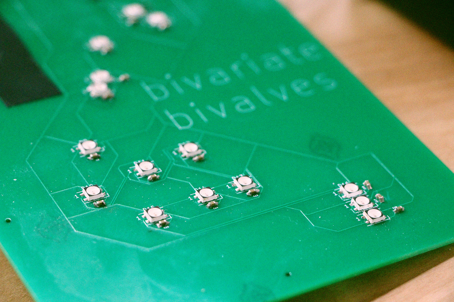 close up of the printed circuit board, showing surface mount LEDs soldered in place